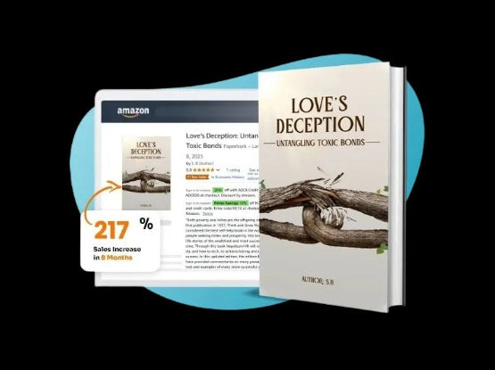 Book titled 'Love's Deception: Untangling Toxic Bonds' with an Amazon product page overlay on a blue circular background.